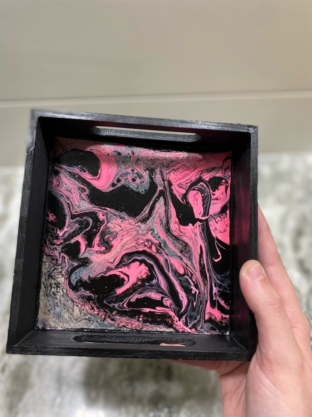 Hand Crafted Wooden Tray with Black & Pink Swirl Art - Picture 6 of 6